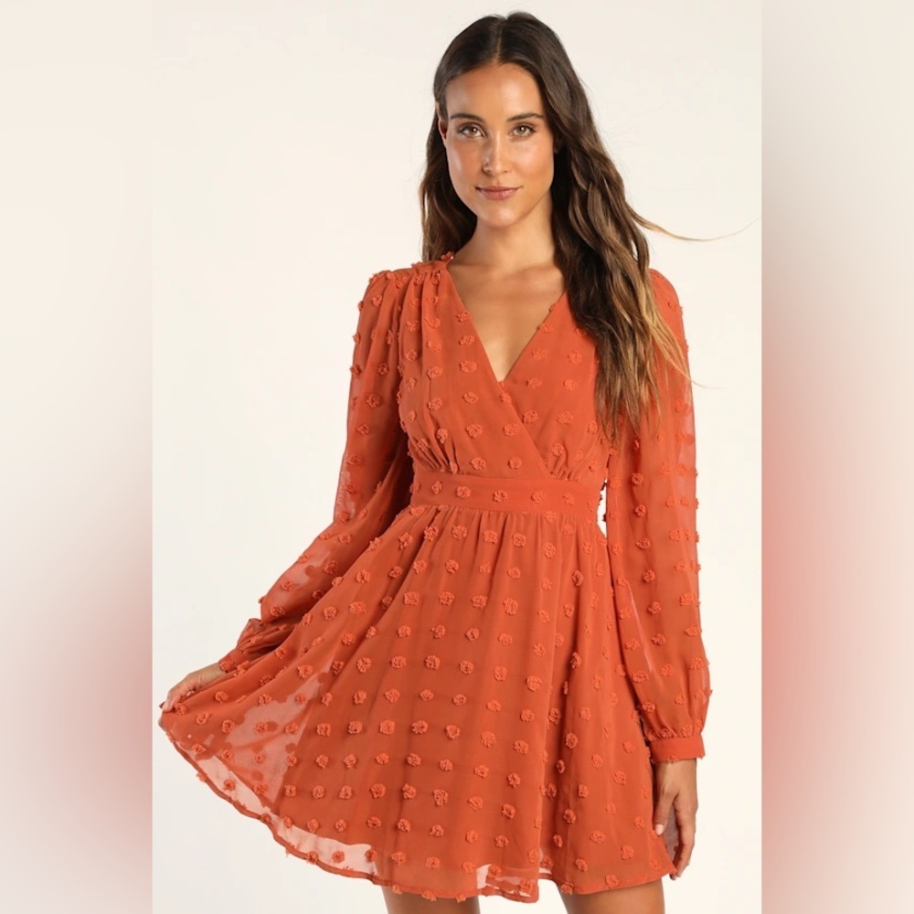 Lulus Always on Repeat Rust Orange Clip Dot Long Sleeve Mini Dress XL NWT